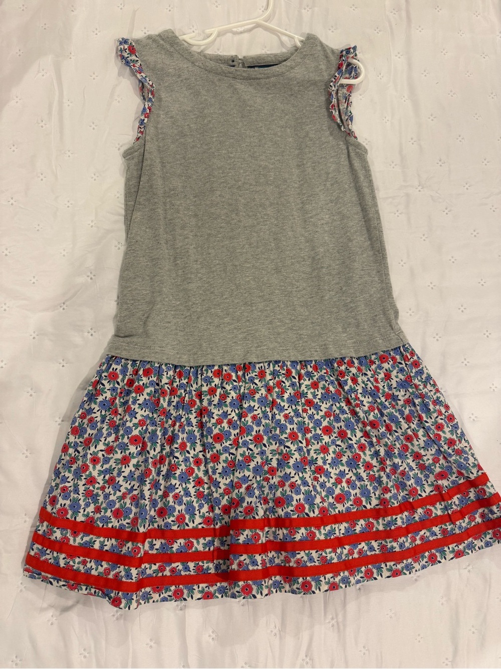 Mini Boden Gray play dress with Floral Skirt - Red Grosgrain Accents